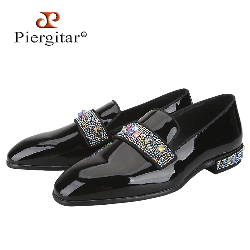 Piergitar Handmade Custom Multi-Coloured Crystal Studs Men's Loafers Luxury Brand Same Design Black Patent Leather Red Sole Shoe