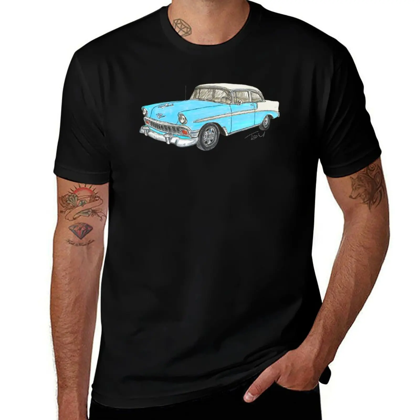 1956 Belair 2 Door Post - White & Blue T-Shirt Trendy Print Short Sleeve T-Shirt