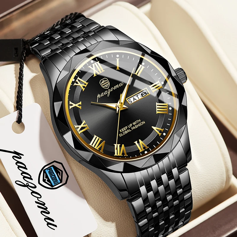 POEDAGAR Top Original Men Watch Waterproof Luminous Date Rectangle Man Wristwatch Mesh Stainless Steel Men's Quartz Watches Male