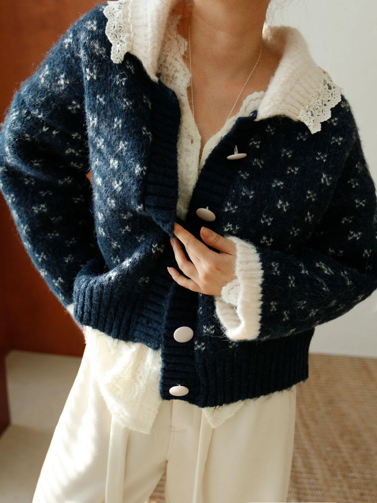 

Thiened Knitted Cardigan Doll Collar Hook Flower Design Winter Outerwear Miu Sle Sweater Jaet College Sle Loose Fit S...