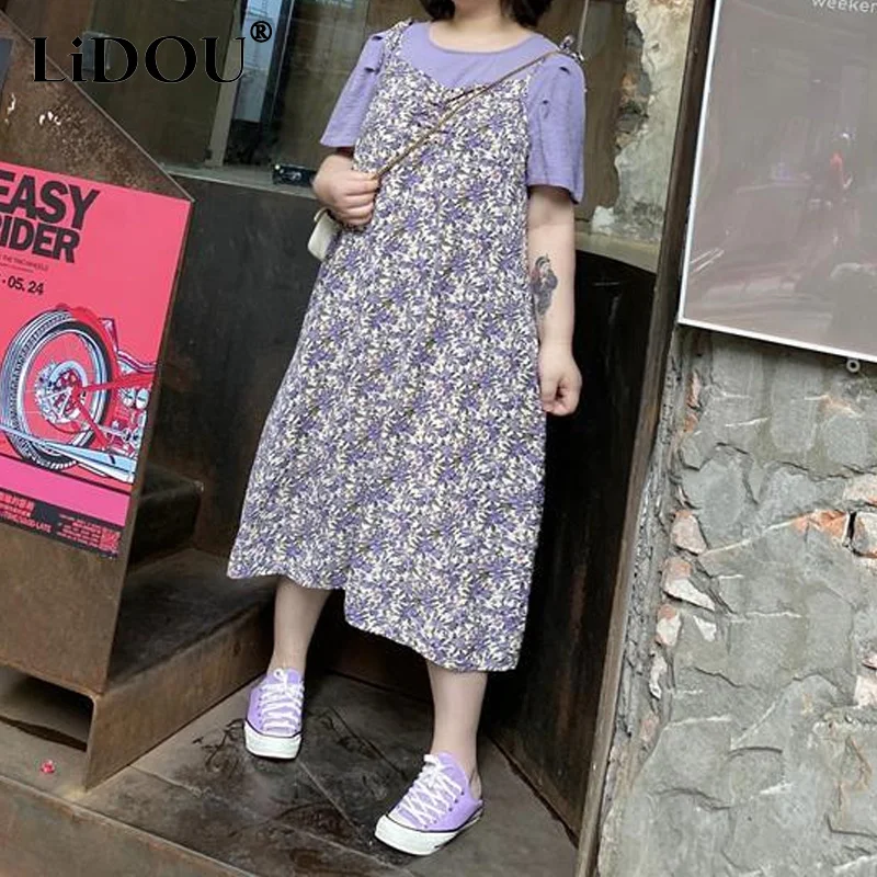 

2023 Summer New Floral Printing Slip Dress Women's Set Solid Color Round Neck Puff Sleeve T-shirt + Fashion Loose Casual Dresses