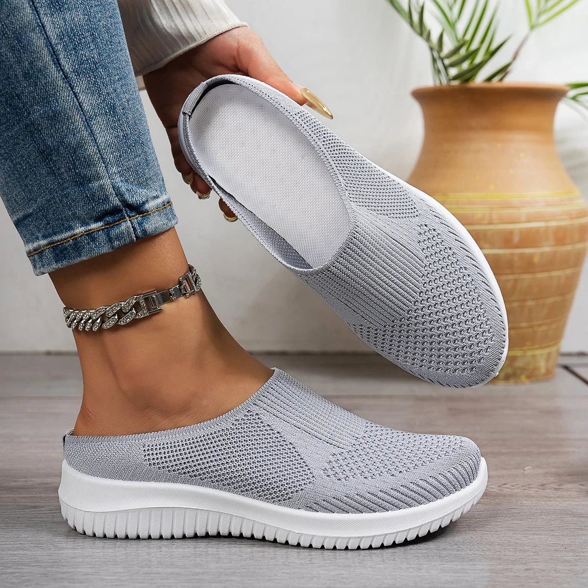 Polyester Rückenfreie Slip-On Mules für Damen, Atmungsaktiv, Rutschfest, Weiche EVA-Einlegesohle, Niedriger Absatz, Tägliche Geh- und Freizeitschuhe – Detail 2