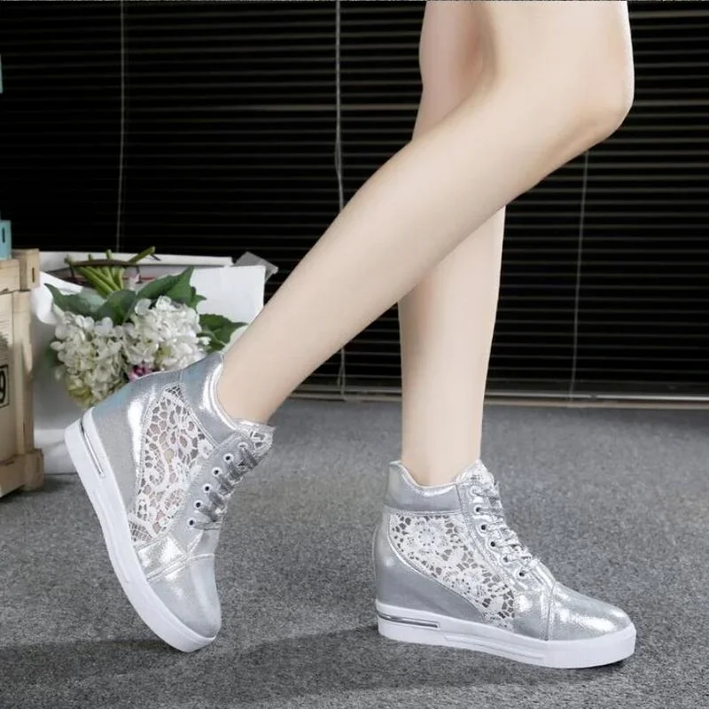 2023 New Women Wedge Platform Sneakers Rubber Leather High Heels Lace Up Shoe Height Increasing White Thick Bottom Zapatos Mujer