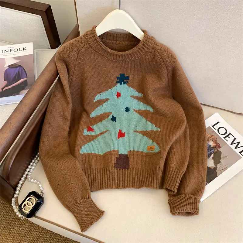 새로운 크리스마스 트리 캐주얼 스웨터 여성 인쇄 느슨한 캐주얼 뜨개질 풀오버 부드럽고 편안한 하프 하이 칼라 루즈 한 스웨터