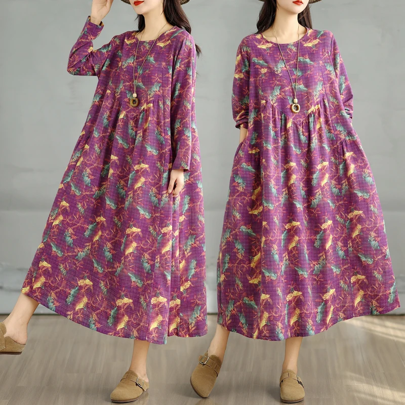 하이웨이스트 플로럴 프린트 코튼 린넨 롱 슬리브 라운드 넥 A라인 드레스 여성 루즈 플러스 사이즈 슬리밍 스플라이스 드레스 여성