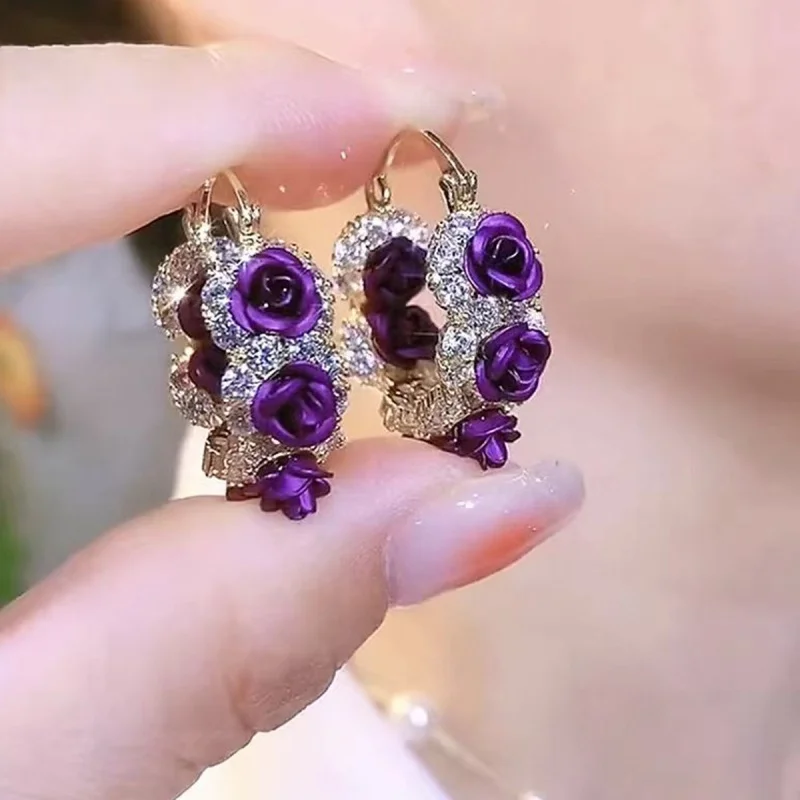 Fashion Cute Red/Purple Color Flower Hoop Earrings Temperament Sweet Floral Round Ear Buckle Women Wedding Party Jewelry