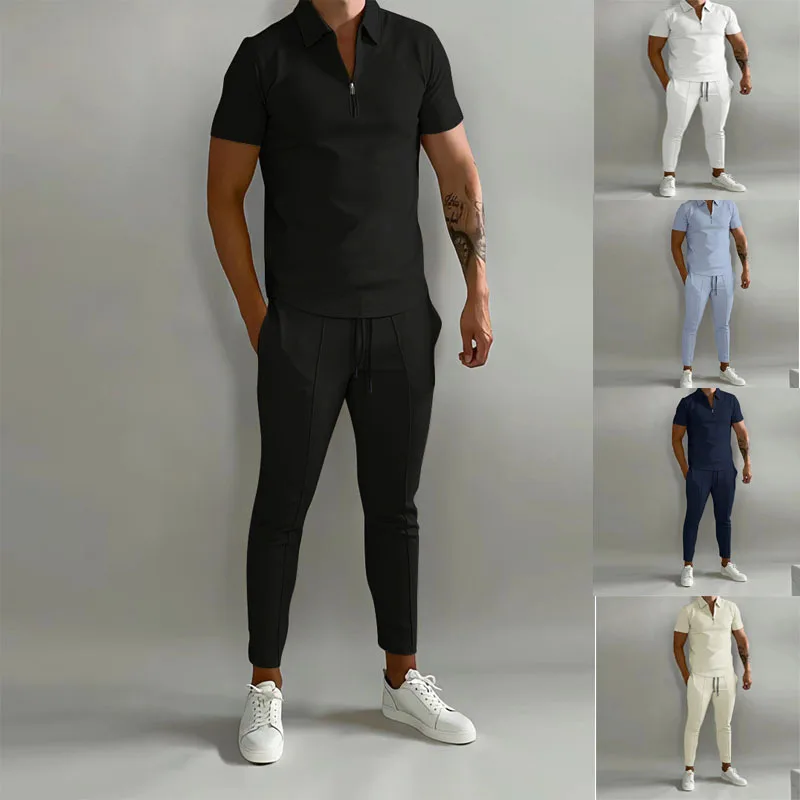 New Summer Men\'s Suit Slim Short Sleeve Trousers Casual Sports Suit Stand Collar Rope Outdoor Sports Running