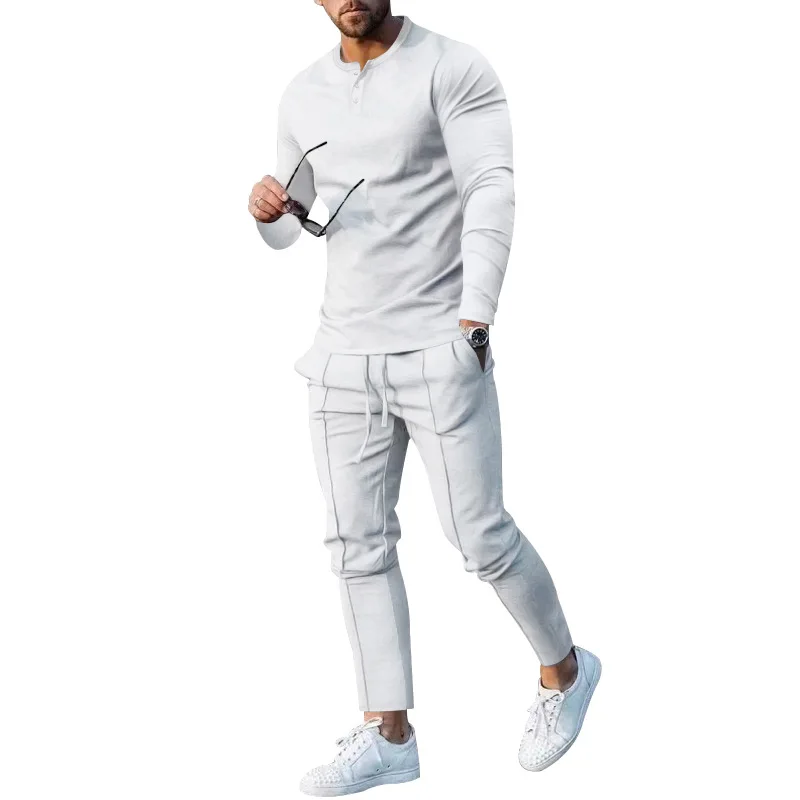 

Fall 2024 New Men's Solid Color Henley Shirt Long Sleeve Long Pants Casual Sportswear Trend