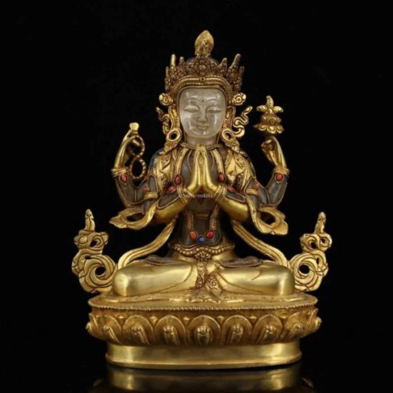 

8.5-Inch Tibetan Bronze Gold-Plated Inlaid Rock Crystal Quartz Four-Hand Closed Yin Statue