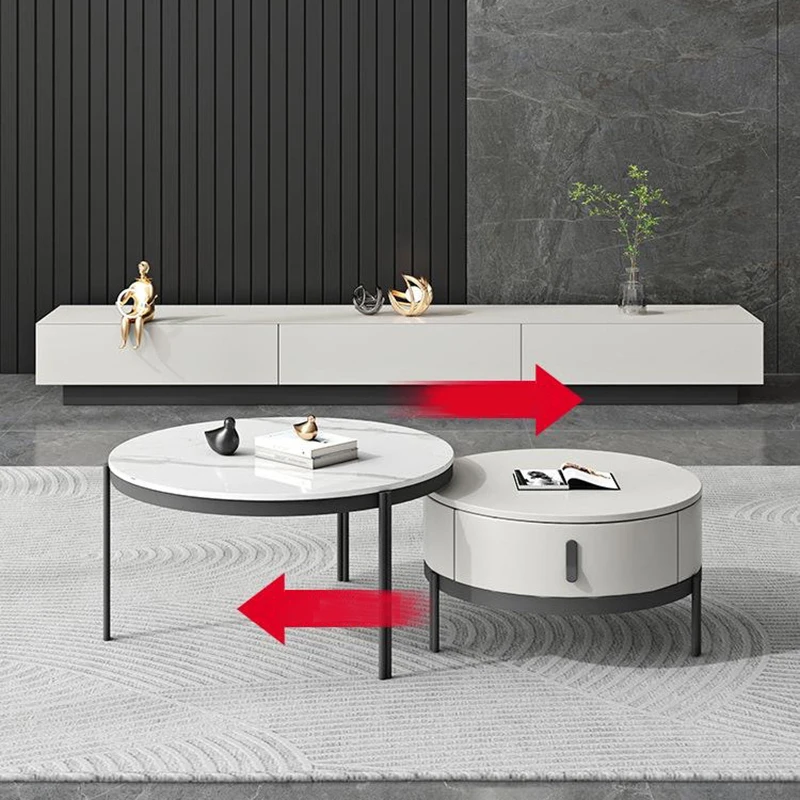 طاولة القهوة الفاخرة الاسكندنافية وحامل التلفزيون مجموعة الحديثة الحد الأدنى قابل للسحب لوحة الصخور المستديرة - أثاث غرفة المعيشة المصممة FYCT