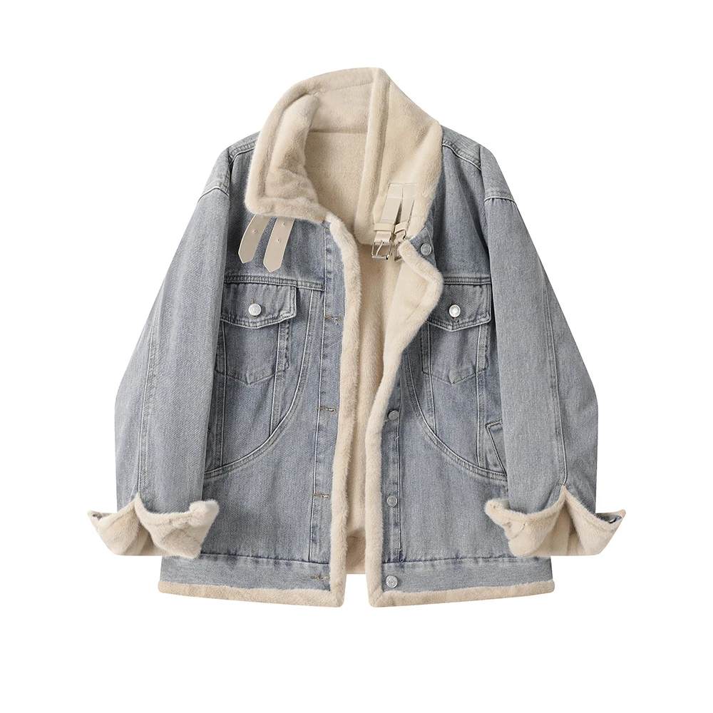 

Women’s Fleece Lined Denim Jacket Oversized Winter Coat Thick Warm Sherpa Lined Jean Outerwear Buckle Collar Casual Streetwear