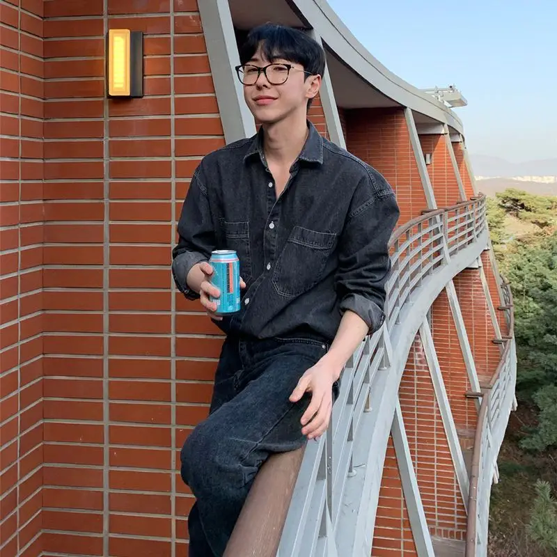 

​Men Hong Kong Style Denim Shirt Set Long Sleeve Thin Lightweight Loose Fit Casual Trendy Versatile Spring Summer​