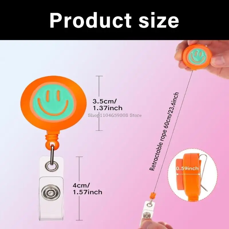 Smiling Face Badge Holder with Metal Pocket Clip Retractable Badge Card Holder