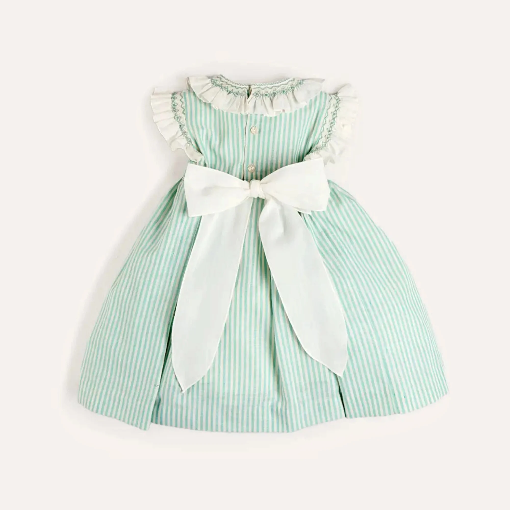 Summer Elegant Sleeveless Girl Dresses Green Color Stripe Hand Make Smocked Frill Collar Birthday Party Dress For Kids Girls