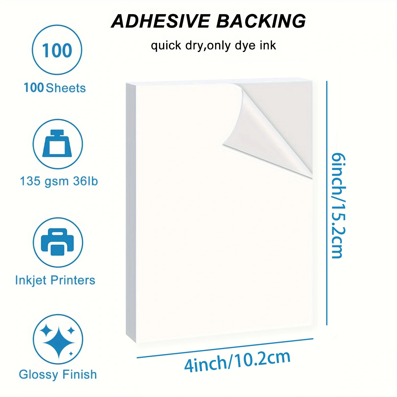 100 Sheets Self-Adhesive Photo Paper, 4R (4x6 inches), 36lb 135Gsm Glossy Sticker Photo Paper for Inkjet Printers