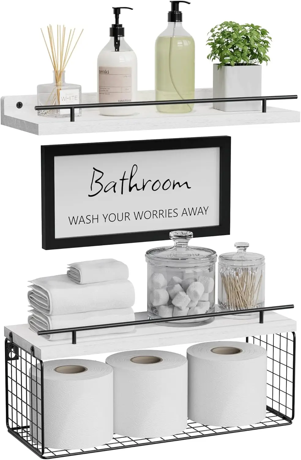 

Floating Shelves for Wall Decor Sign, Bathroom Organizer and Storage, Bathroom Shelves Over Toilet with Metal Guardrail