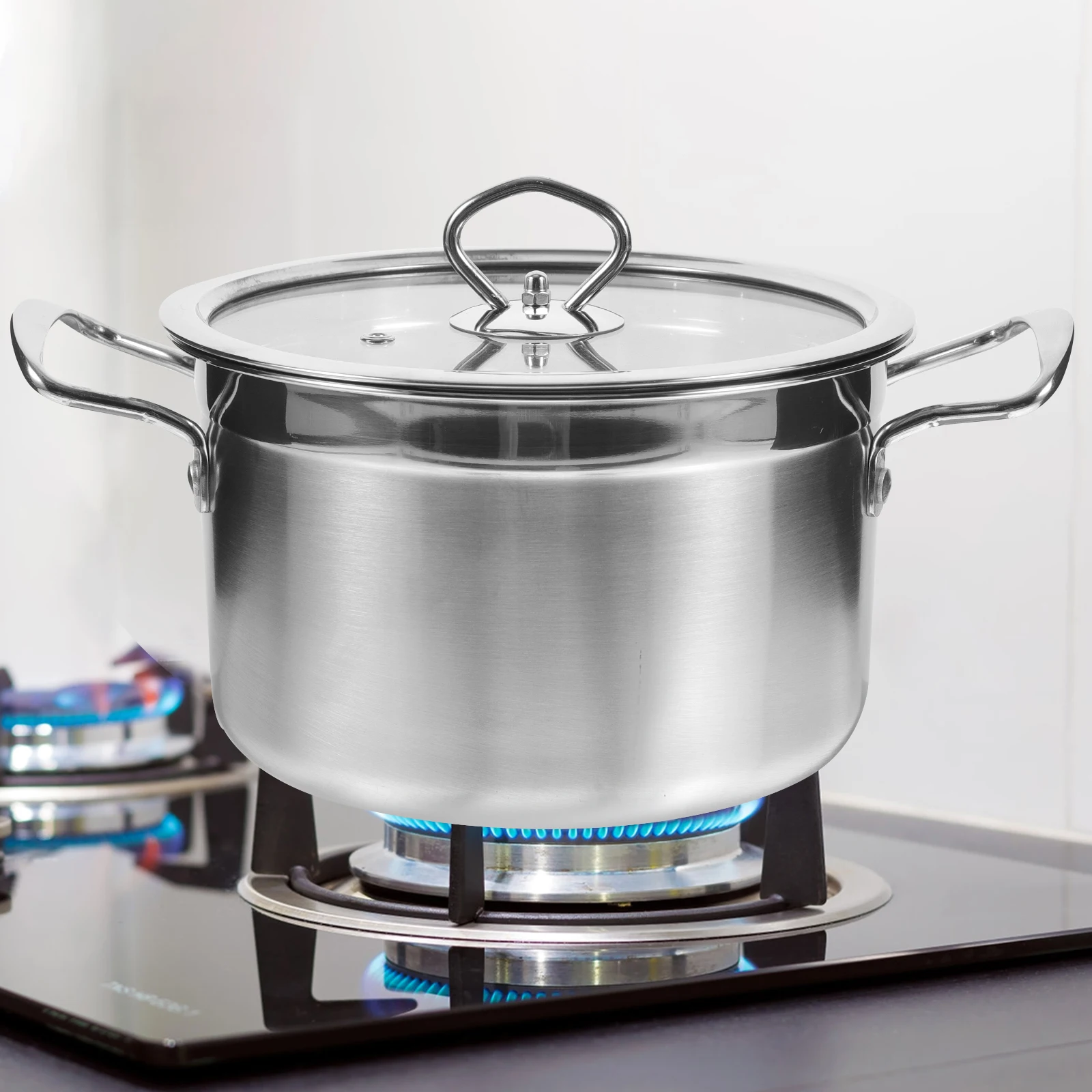 

Stainless Steel Soup Pot 20cm Double Handles Stock Right Angle Cooking Pot with Lid Large Bottom Even Heating Durability Kitchen