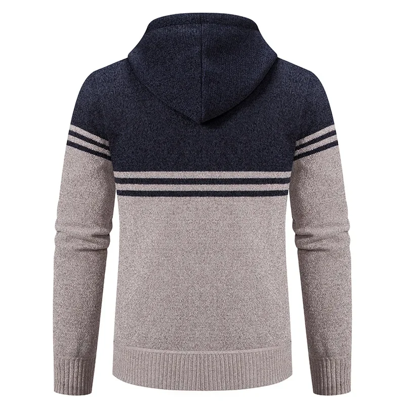 Casaco de lã grosso com capuz masculino, suéter quente, gola alta, zíper, casaco listrado, moda casual, novo, inverno