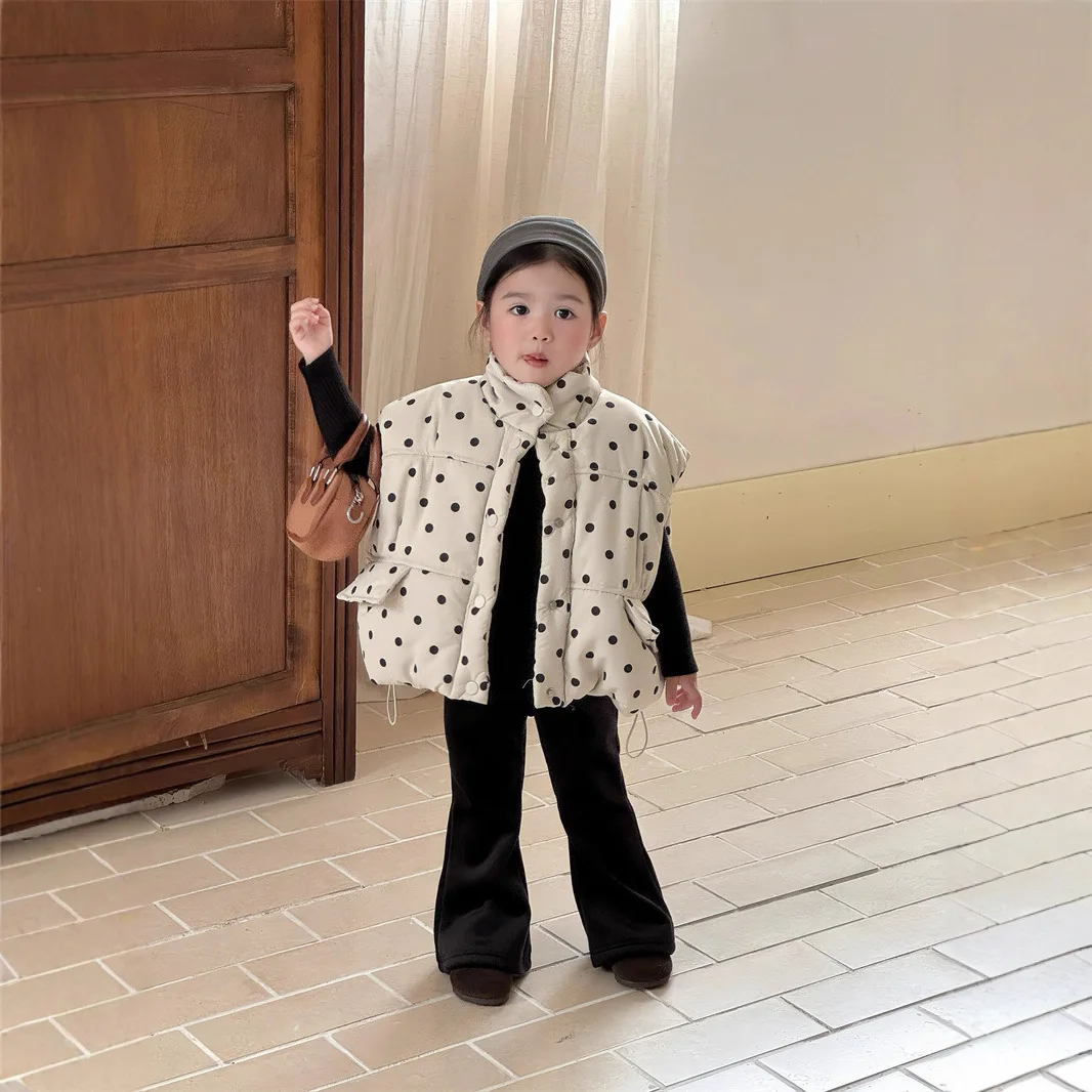 Girls Set Autumn Winter Item Polka Dot Workwear Pocket Stand Up Collar Cotton Vest Base Shirt Flared Pants Fashionable Casual