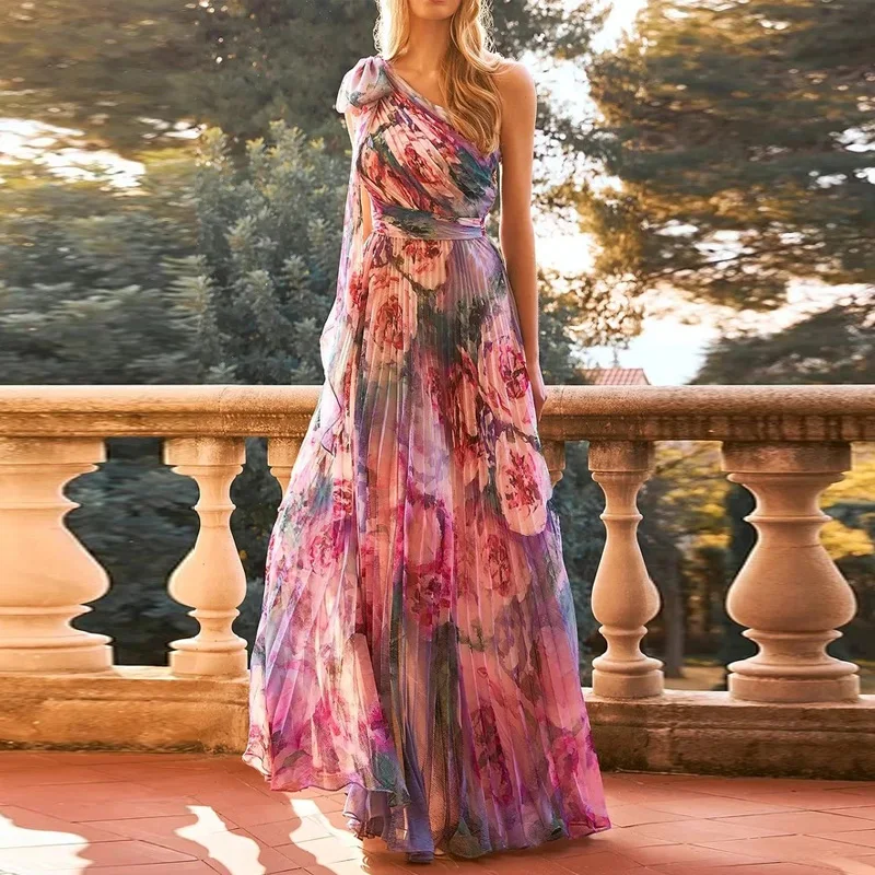 Robe longue plissée en mousseline de soie pour femmes, imprimé floral, maxi, élégante, mince, bohème, robe de soirée, sexy, sans bretelles, vacances, été