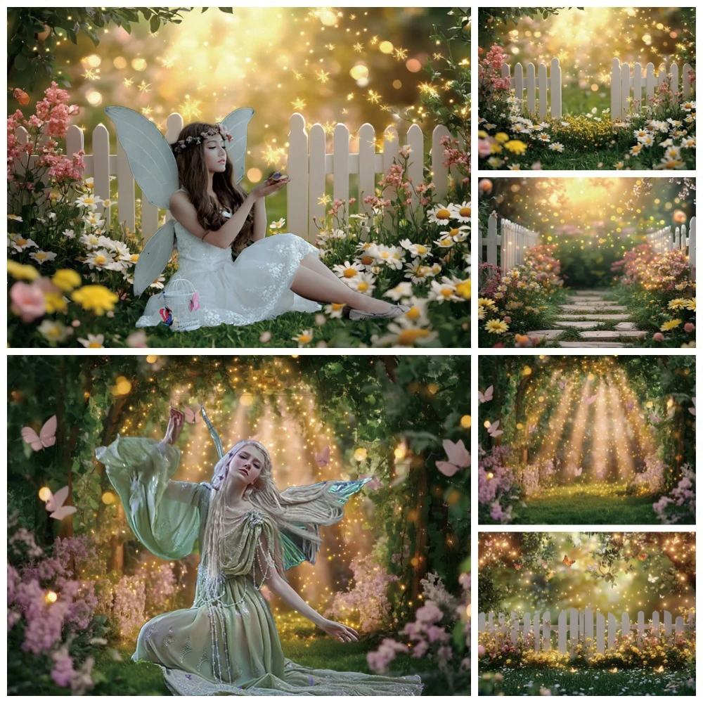 

Enchanted Forest Photography Backdrop Fairy Tale Garden Flowers Butterflies Princess Birthday Party Decor Photobooth Background