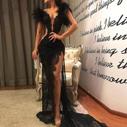 Mermaid Black Long Evening Dress Women Formal Party Split Prom Gowns Vestidos De Noiva Lace Appliques Robe De Soiree customized