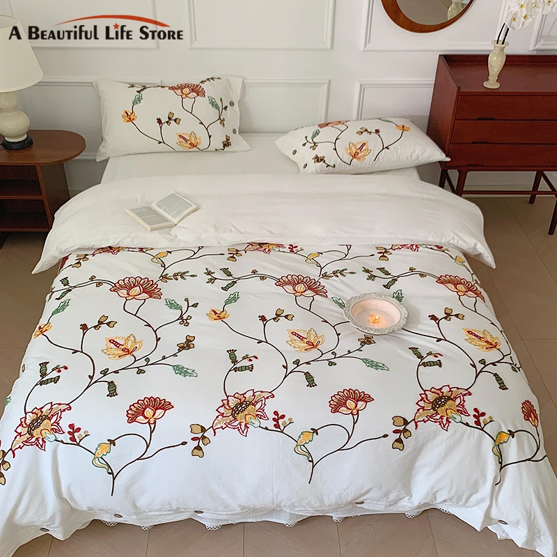 100% Cotton Bohemia Style Flowers Embroidery Queen King Size 4pcs Bedding Set Vintage Rural Duvet Cover Set Bed Sheet Pillowcase