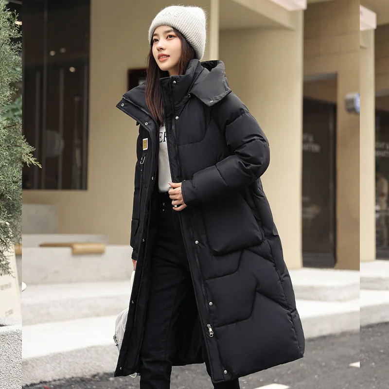 2025 Parka invernale Donna Giacca lunga con cappuccio Addensare Tasche larghe con cerniera Abbigliamento da neve caldo Nuovo cappotto imbottito in cotone femminile XK530