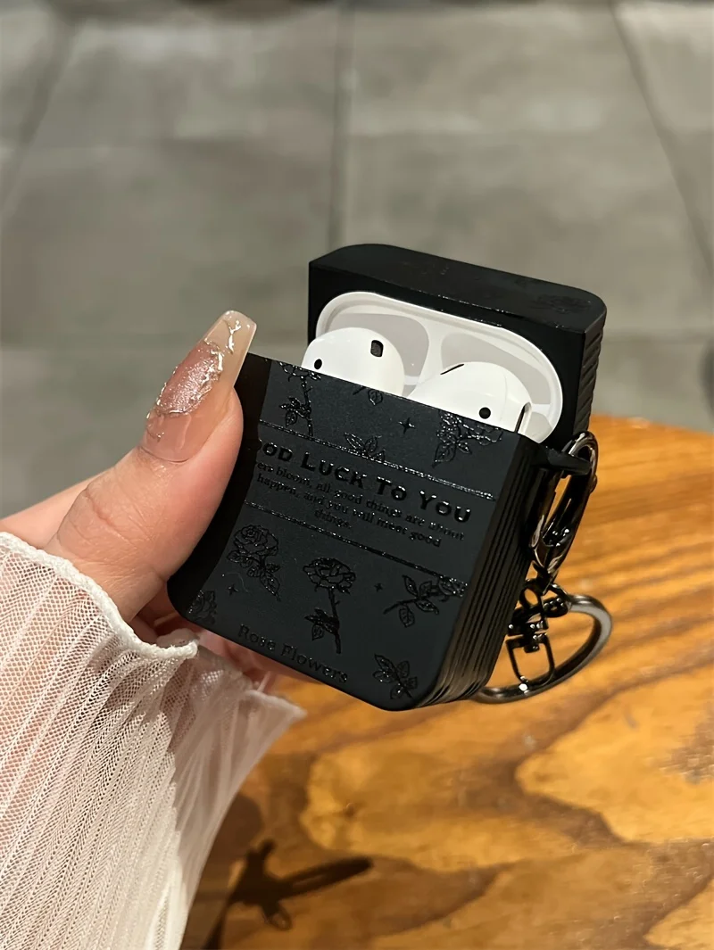 Good Luck Rose Pattern Simple Black Silicone Case For Airpods Pro Airpods4 3 2 1 Wireless Bluetooth Earphone Protective Cover
