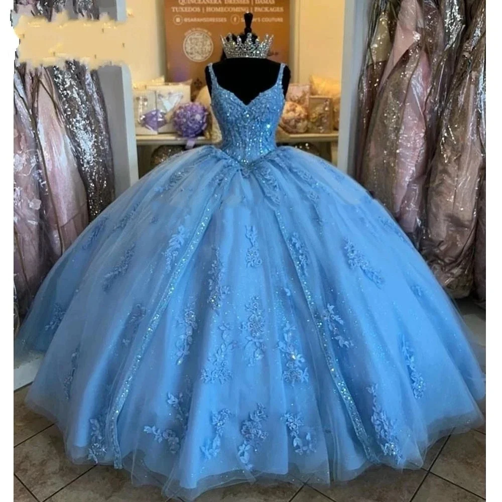 

Lorencia Blue Sweet 16 Princess Beading Quinceanera Dress Spaghetti Ball Gown Glitter Tulle Gala Vestido De 15 Anos YQD503