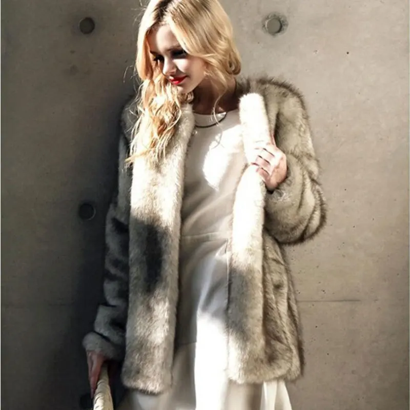 التدرج الشتاء المرأة فو الفراء معطف جولة الرقبة سميكة الفراء الاصطناعي سترة للإناث أنيقة رقيق سيدة صديقة للبيئة الفراء أبلى #2
