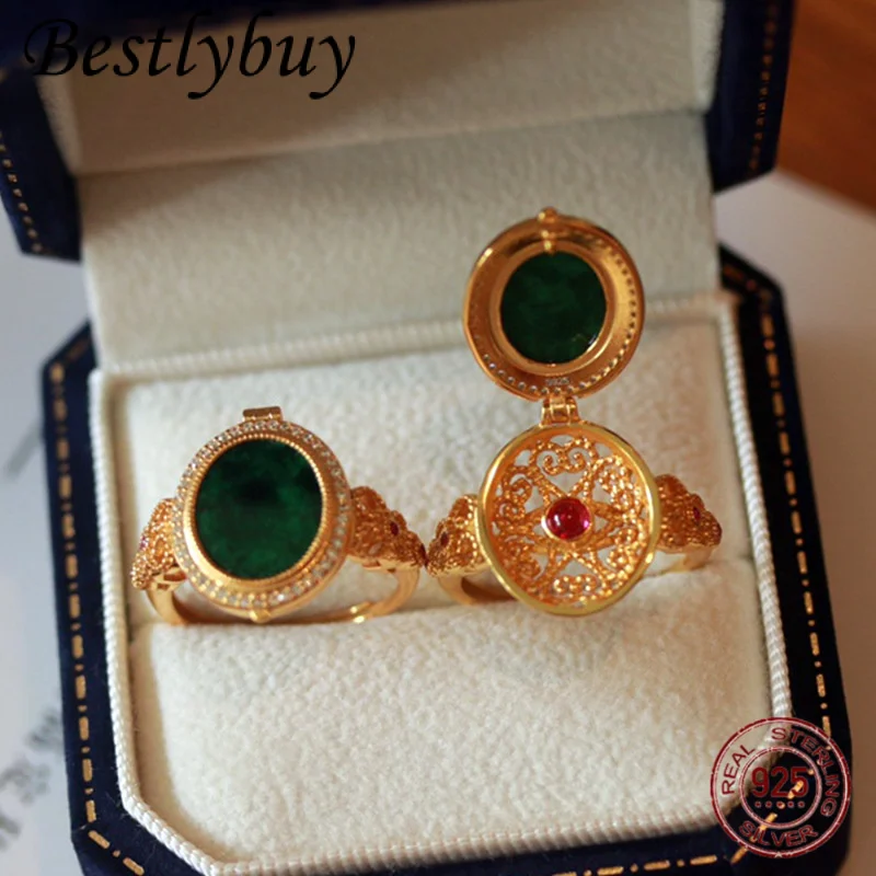 

Myanmar Natural Jadeite Dry Green Ring With Openable s925 Silver Gold-plated Temperament Light Luxury Jewelry For Women