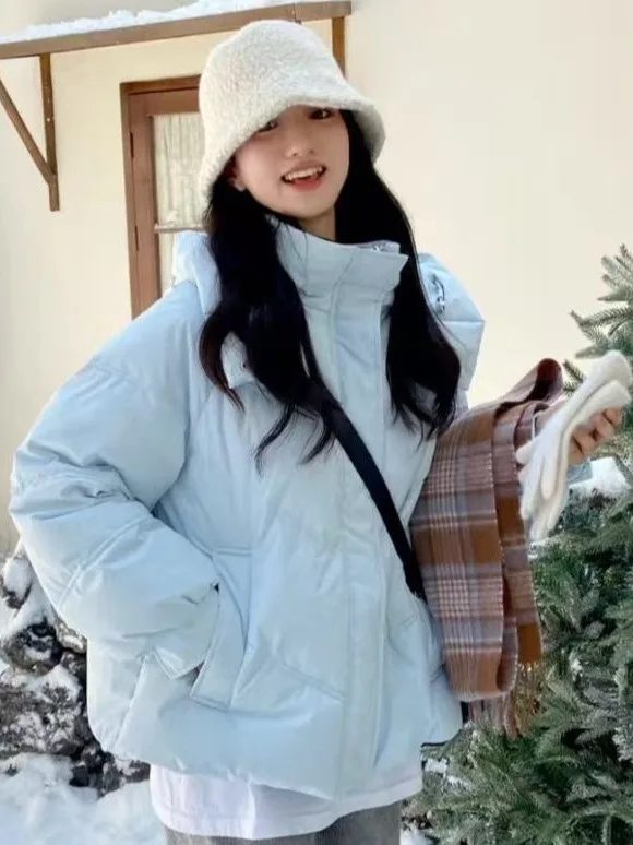 

Winter Thiened Hooded down Cotton Jaet Women's ort Sle Bread Sle Coat Blue Color Sweet College Sle Loose Fit