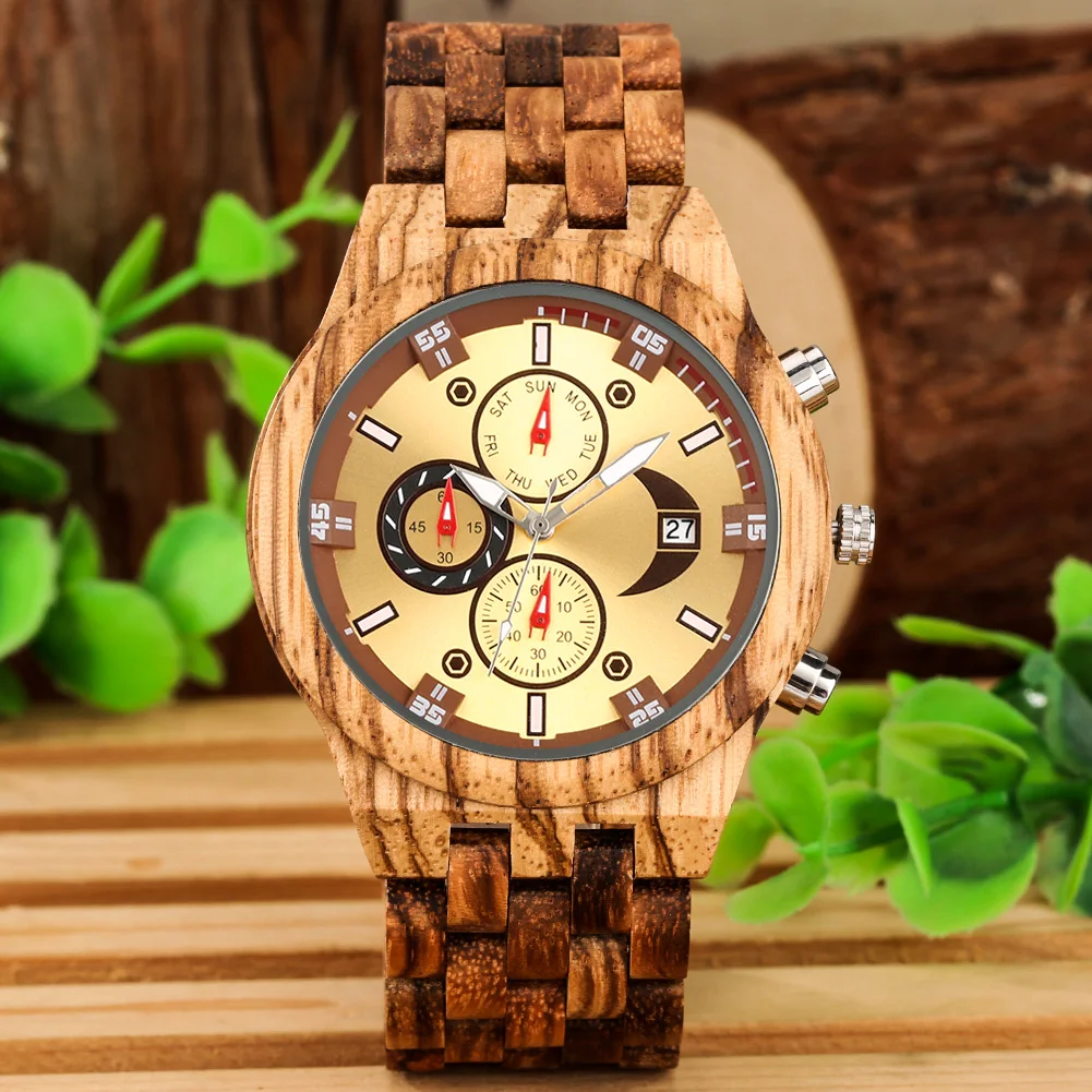 Chronograph Calendar Round Dial Quartz Watch for Men Folding Clasp Wooden Bangle Male Watches Vintage Natural Men\'s Timepiece