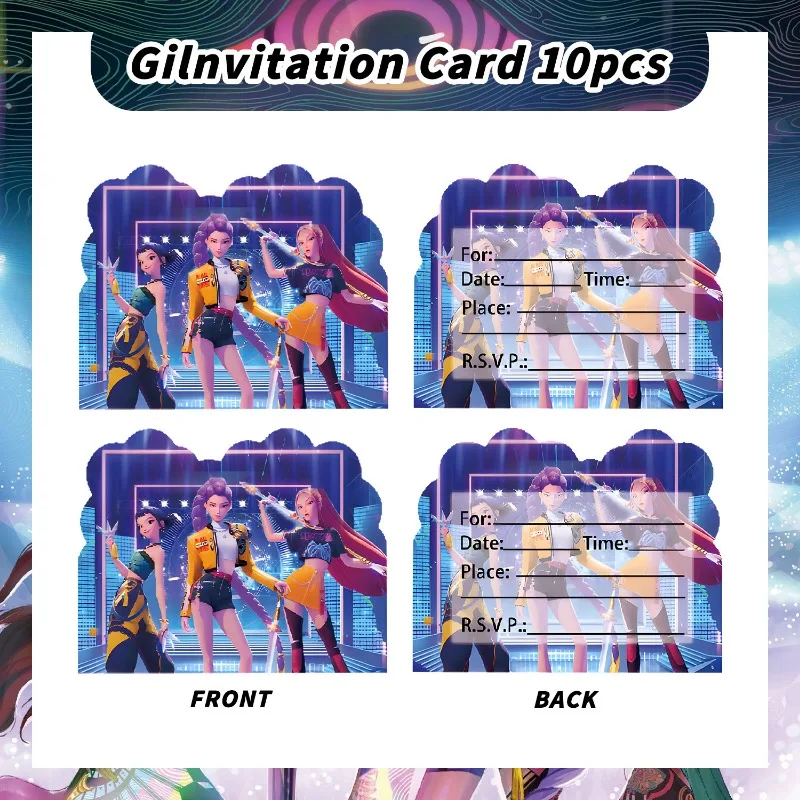 10PCS KPop Demon Hunters Birthday Invitation Card Cartoon Greeting Card Blessing Thank Envelope Postcard Paper Party Supplies