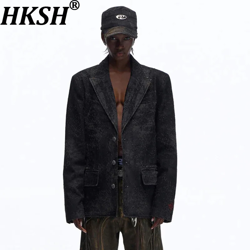 HKSH Spring Autumn New Men Dark Style Destroy Texture Embroidery Denim Blazer Trendy Fashion Washed Women Punk Suit-Coat HK16710
