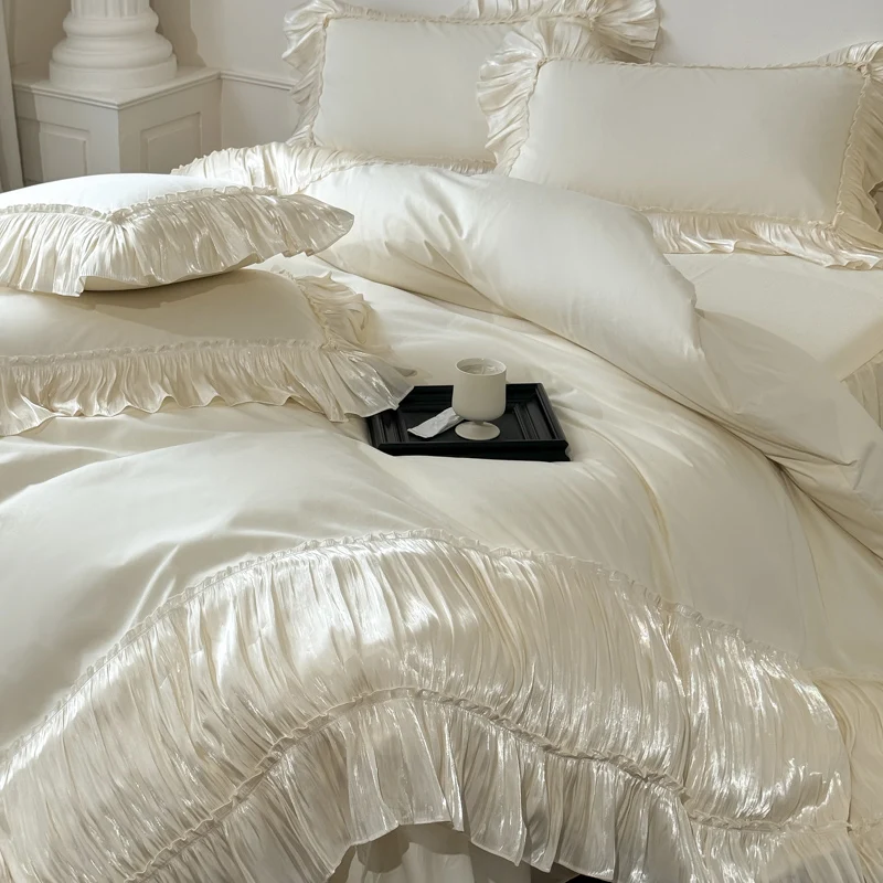 Vintage French Pleated Lace Ruffles 100% Cotton Bedding Set Duvet Cover Flat Sheet Or Bed Skirt Pillowcases 4Pcs