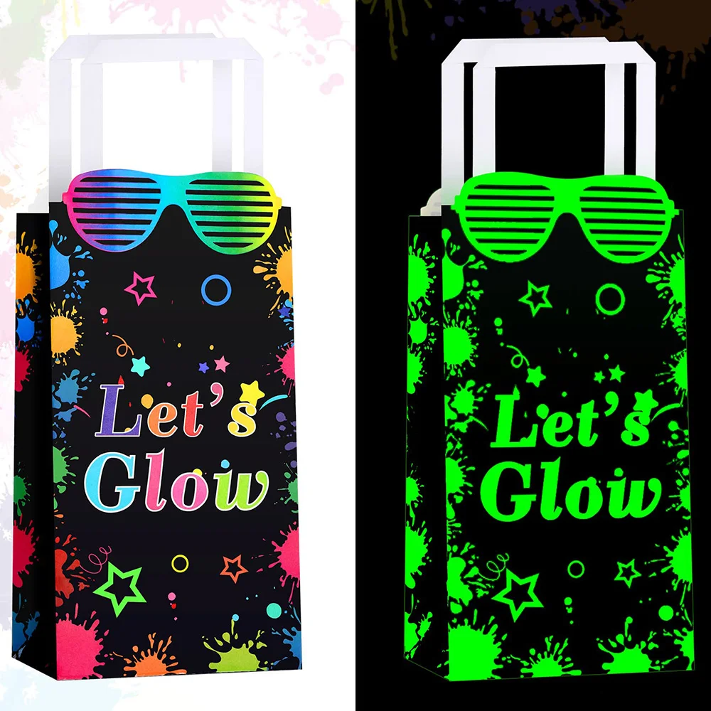 

4 Pcs Let's Glow in The Dark Goodie Bag with Handles Neon Party Gift Wrap Bags Neon Birthday Party Supplies Goodie Candy Bags