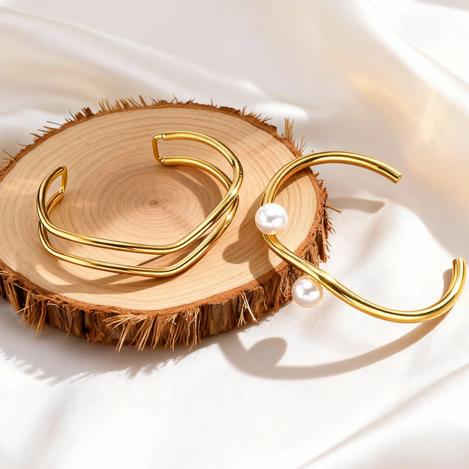 

Irregular Wave Double-Layer Bangle Bracelet for Women Stainless Steel Imitation Pearl Cuff Bracelets 18k Gold Plated Jewelry