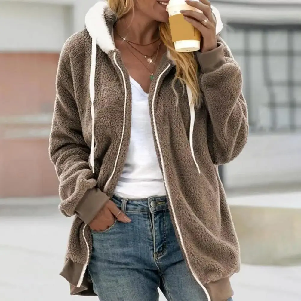 Effen kleur jas voor dames Gezellig Sherpa-jack met capuchon Warme fleece jas met ritssluiting voor dames met zakken Winter voor weer