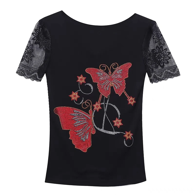 High-End Summer Fashion Korean Clothes T-shirt Chic Butterfly Diamonds Mesh Women Tops Sexy Hollow Short Sleeve All Match Tees