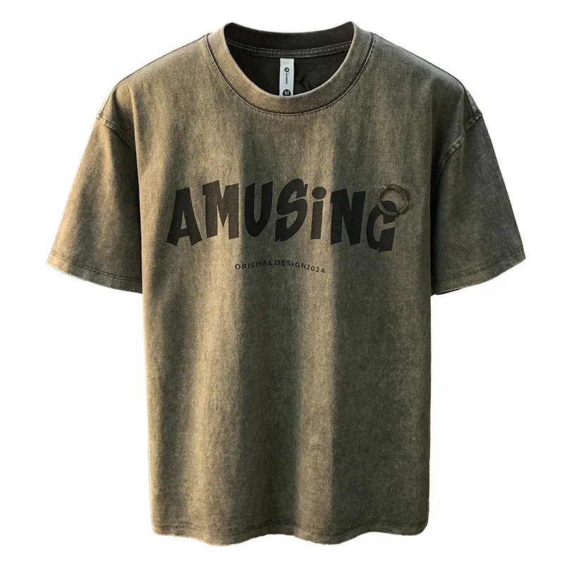2025 Summer Loose Short sleeved T-shirt Men's Fashion Printed Elastic Round Neck American Trendy Brand Casual Top