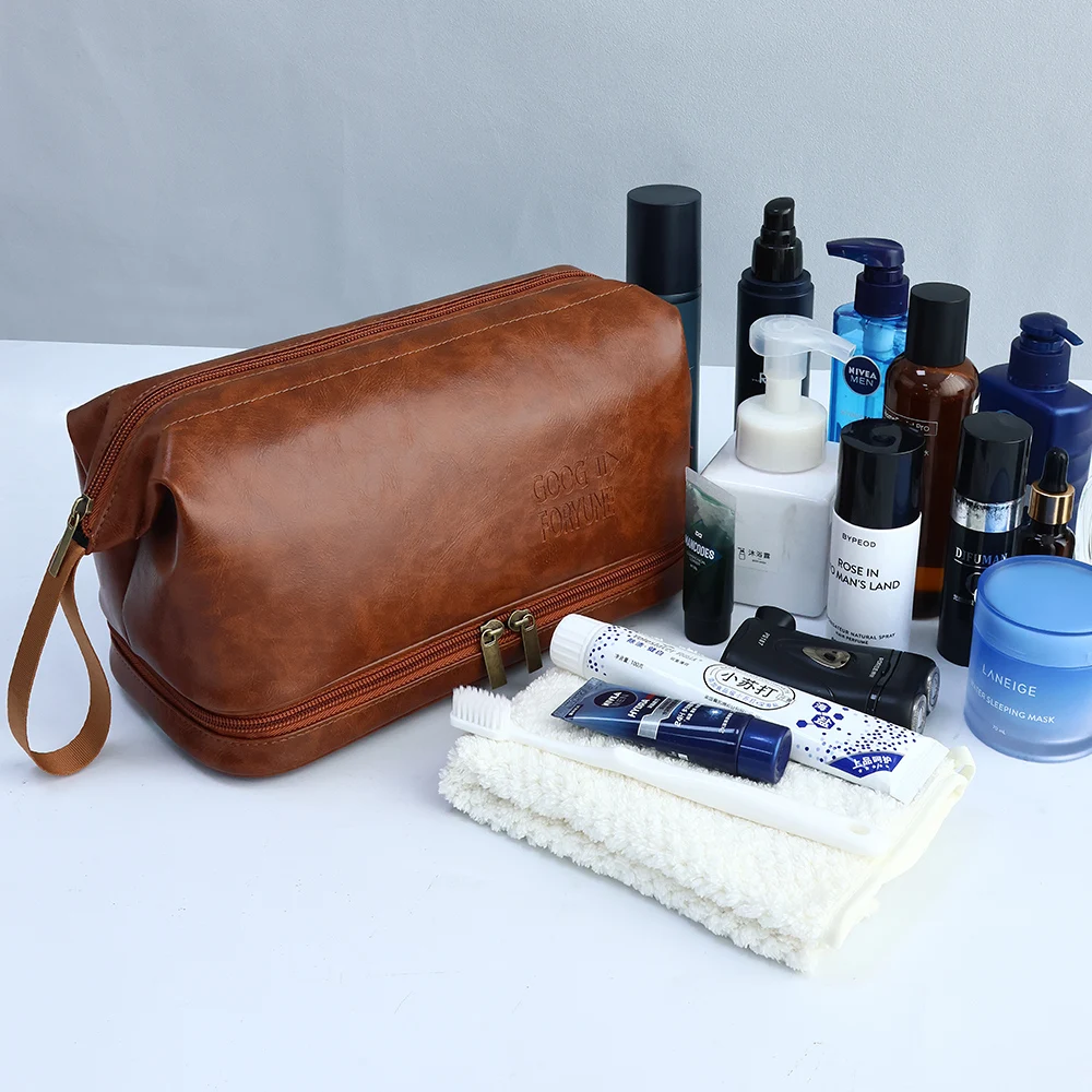 Men Business Travel Wash Toiletry Bag Waterproof PU Leather Bathroom Shaving Tools Organizer Bag Makeup Pouch Women Cosmetic Bag