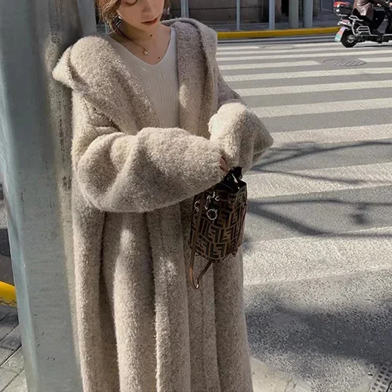 Autumn and Winter Luxury Warm Vintage Casual Hooded Coat Korean Design Plush Maxi Long Cardigan Fluffy Long Sleeve Sweater Women