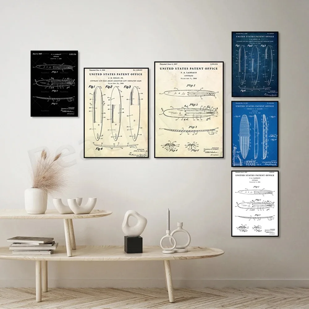 Surfboard 1950 Patent Beach House Decoration Vintage Surf Blueprint Wall Art. Surf Poster Gift for Surfers
