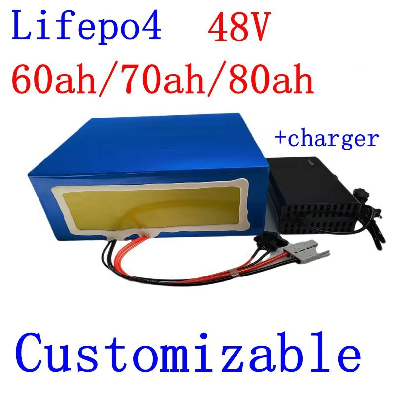 Batterie au Lithium LiFePO4, 48V, 80Ah, 60Ah, 48V, 70Ah, Rechargeable, pour Scooter, Vélo, Moto, Véhicule Solaire, avec Chargeur