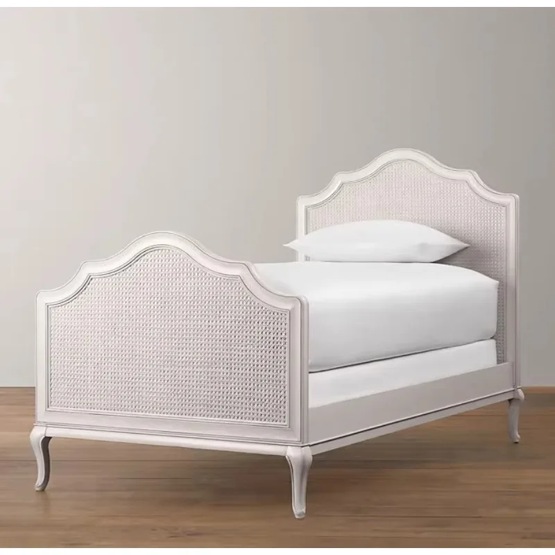 American white solid wood braided rattan single bed 1.2/1 meters children's room French retro old rattan princess bed