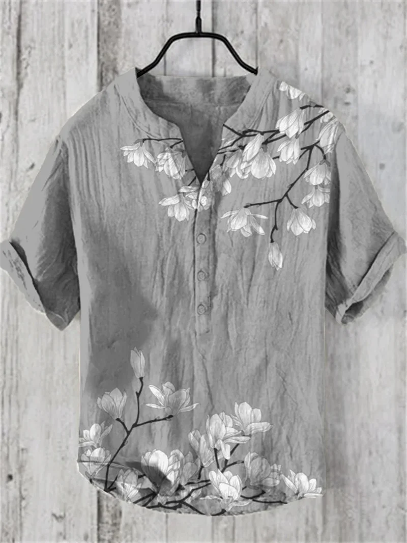 Camisa de lino con estampado de Arte Hawaiano Retro para hombre, camisa de manga corta suelta informal con tres botones, impresión Digital 3D, Serie de ondas, 100%