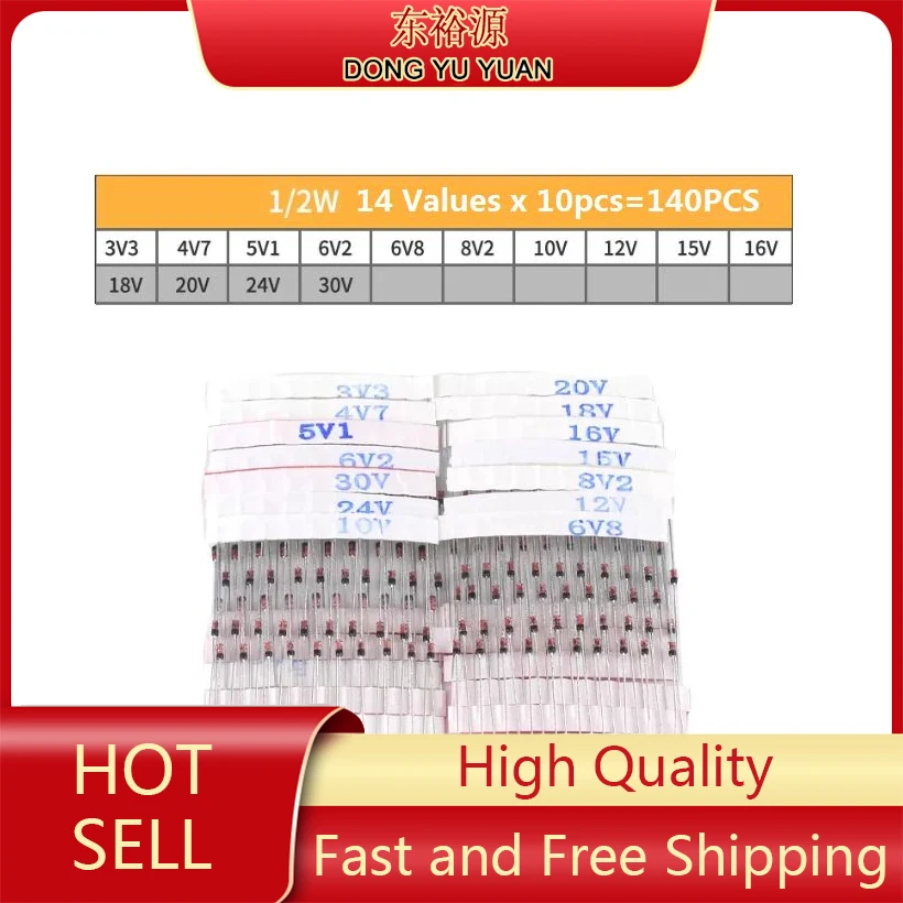 Free Ship 14value*10pcs=140pcs 1/2w 0.5W 1w Zener Diode BZX55C 3.3V-30V 1n47 Kit 4.7V 5.1V 6.2V 6.8V 8.2V 10/12/15/16/18/20/24V 