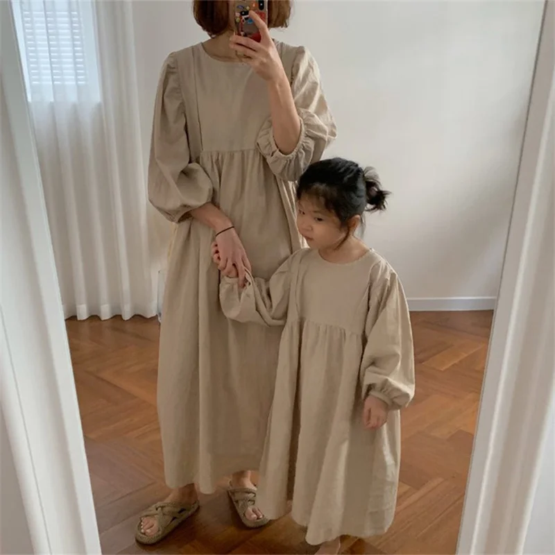 Family Matching Clothes Spring Summer Girl Dress Mother Daughter Long-sleeved Solid Cotton Dress Women Dress Family Look Outwear